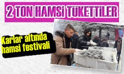 Karlar altında hamsi festivali: 2 ton hamsi tükettiler