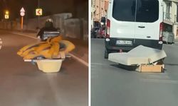 İstanbul'da Trafik Tehlikesi: Biri Banyo Küvetiyle Diğeri İple Eşya Taşıdı