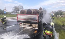 Tomruk yüklü tırın dorsesinde çıkan yangın söndürüldü