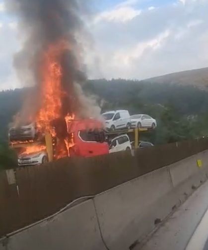 Otoyolda otomobil taşıyan tırda yangın