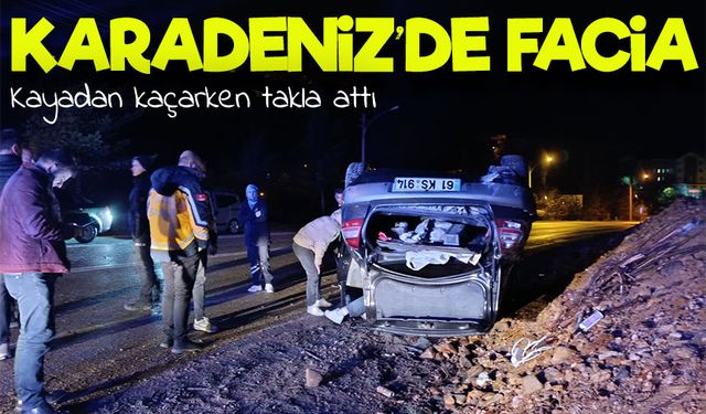 Gümüşhane-Trabzon yolunda yola düşen kayalardan kaçmak isteyen araç takla attı: 2 yaralı