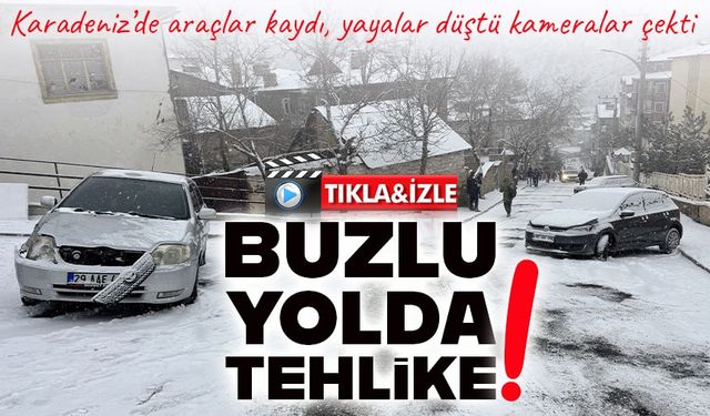 Gümüşhane’de buzlu yolda tehlikeli anlar: Araçlar ve yayalar kaydı