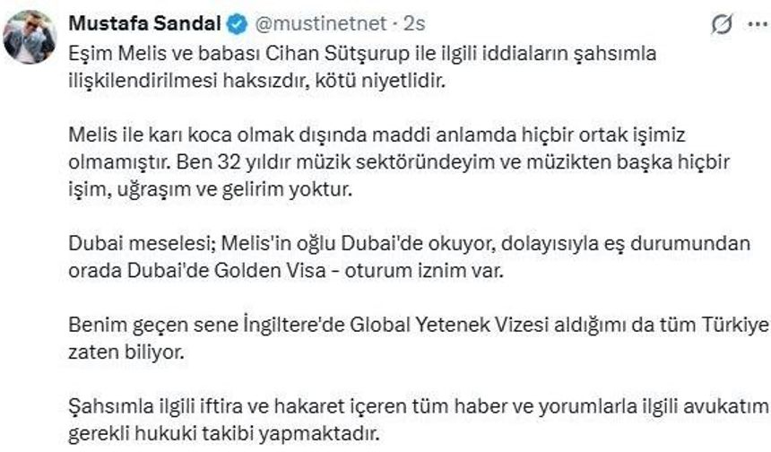 Mustafa Sandal: 'Melis ile karı koca olmak dışında maddi anlamda hiçbir ortak işimiz olmamıştır'