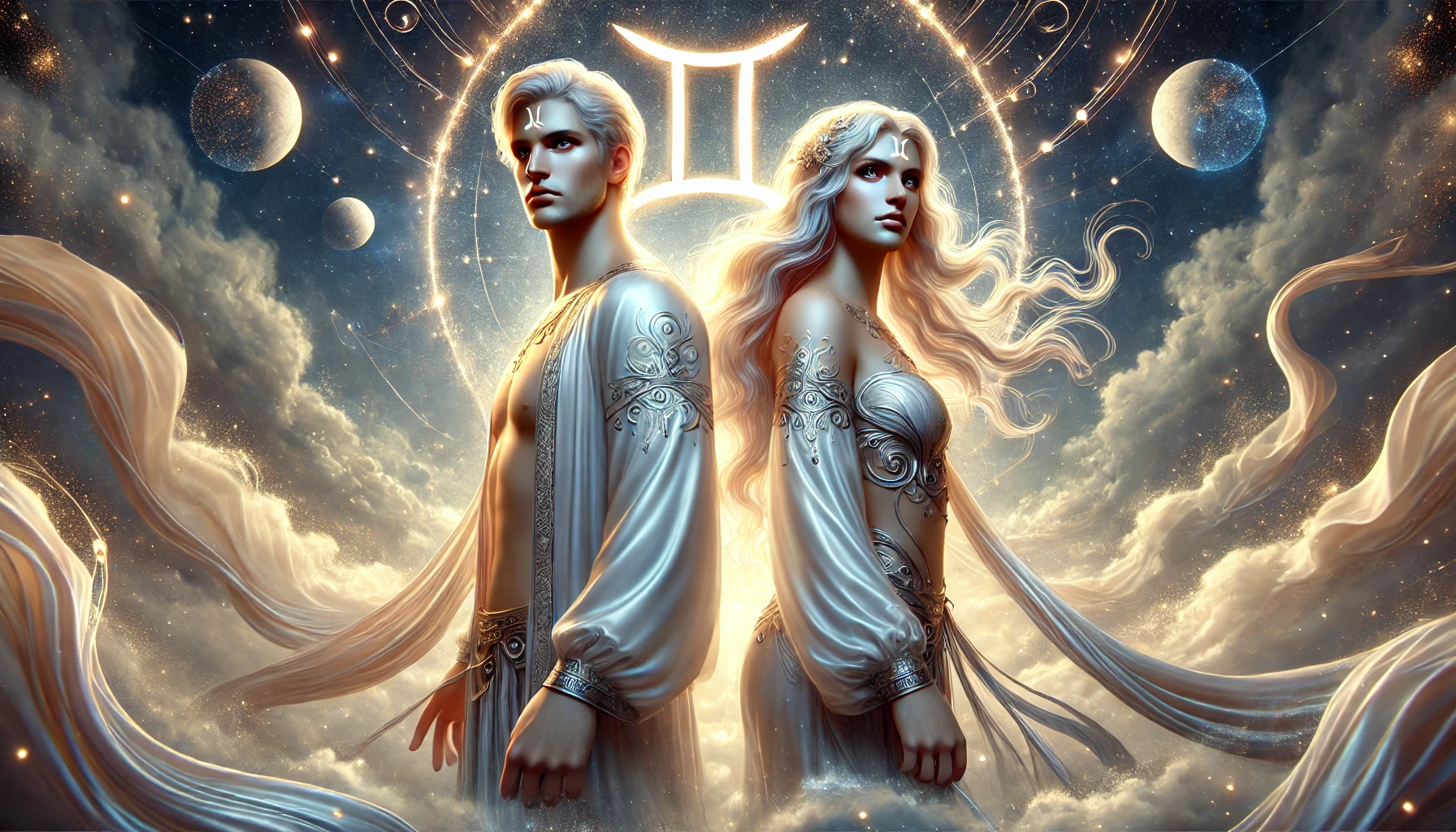 Dall·e 2025 05 17 11.54.13 A Highly Realistic Wide Angle Image Of The Gemini Zodiac Sign Represented As Twin Human Figures — One Male And One Female — Standing Side By Side. The
