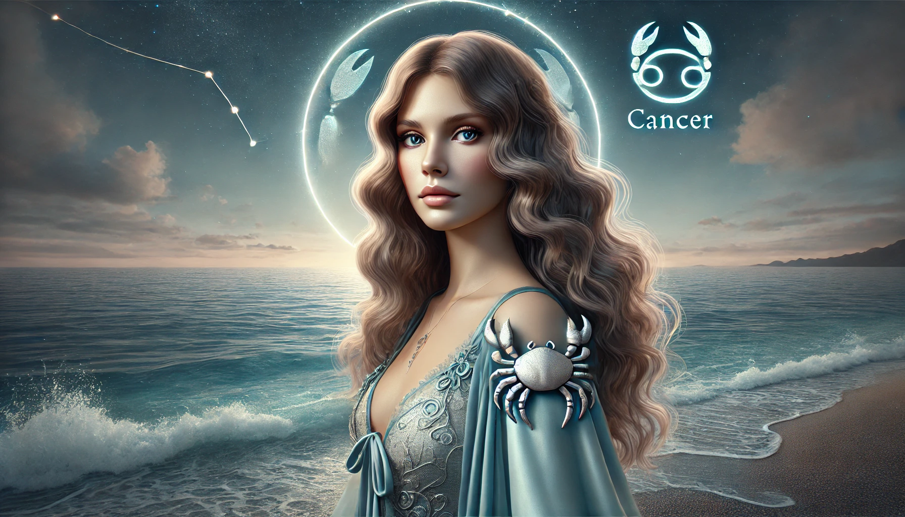 Dall·e 2025 05 17 11.54.48 A Highly Realistic Wide Angle Image Of The Cancer Zodiac Sign Represented As A Graceful And Emotional Woman. She Has Soft Features, Long Wavy Hair, An
