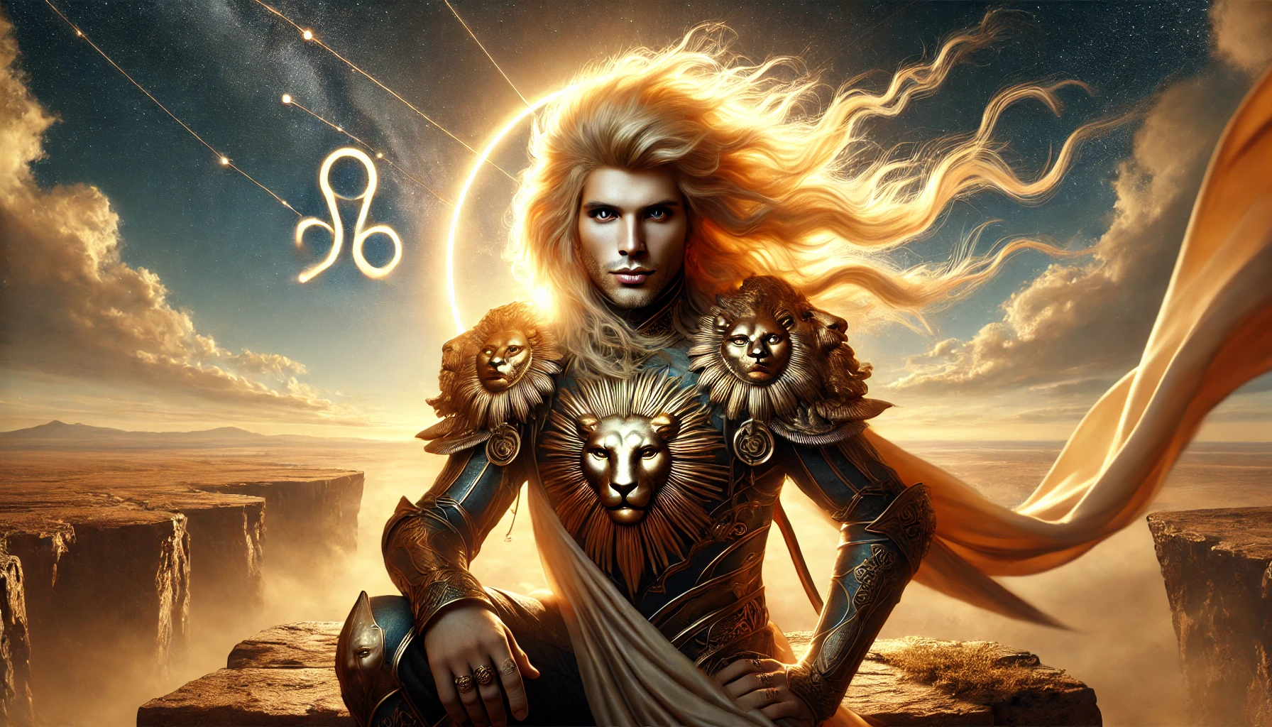 Dall·e 2025 05 17 11.55.31 A Highly Realistic Wide Angle Image Of The Leo Zodiac Sign Represented As A Powerful Human Figure. The Character Is A Majestic, Regal Person With A Li