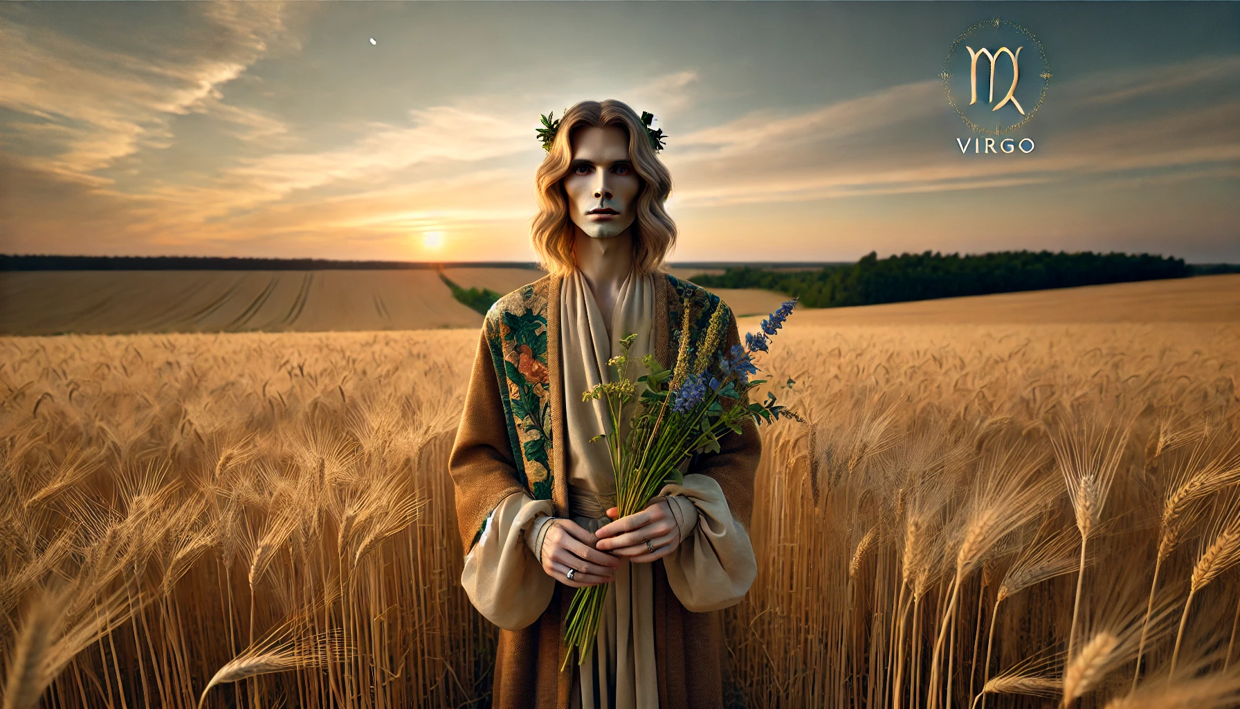 Dall·e 2025 05 17 11.55.55 A Highly Realistic Wide Angle Image Of The Virgo Zodiac Sign Represented As An Androgynous Figure Standing In A Golden Wheat Field During A Warm Late