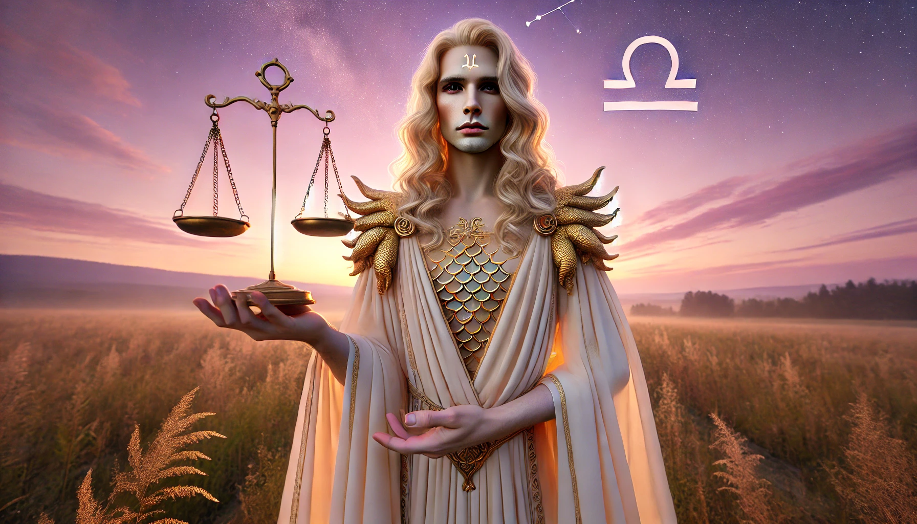 Dall·e 2025 05 17 11.56.07 A Highly Realistic Wide Angle Image Of The Libra Zodiac Sign Represented As An Androgynous Figure With A Calm And Balanced Presence. They Stand In A S
