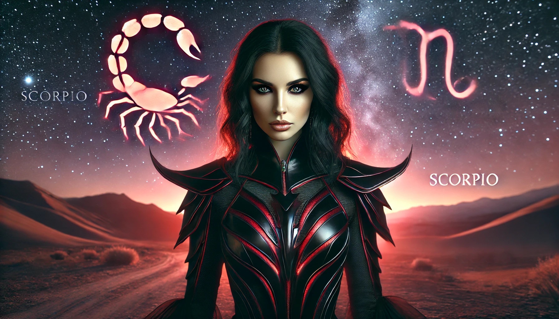 Dall·e 2025 05 17 11.56.32 A Highly Realistic Wide Angle Image Of The Scorpio Zodiac Sign Represented As A Powerful And Mysterious Woman. She Has Long Dark Hair, Intense Eyes, A