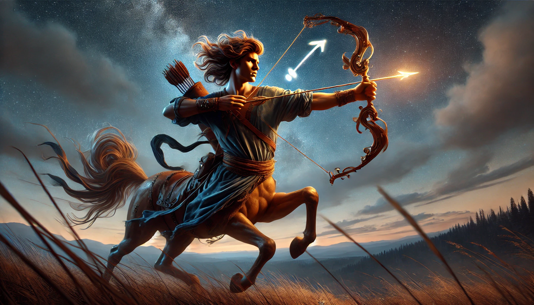 Dall·e 2025 05 17 11.57.02 A Highly Realistic Wide Angle Image Of The Sagittarius Zodiac Sign Represented As An Androgynous Centaur Figure — Half Human, Half Horse. The Figure S