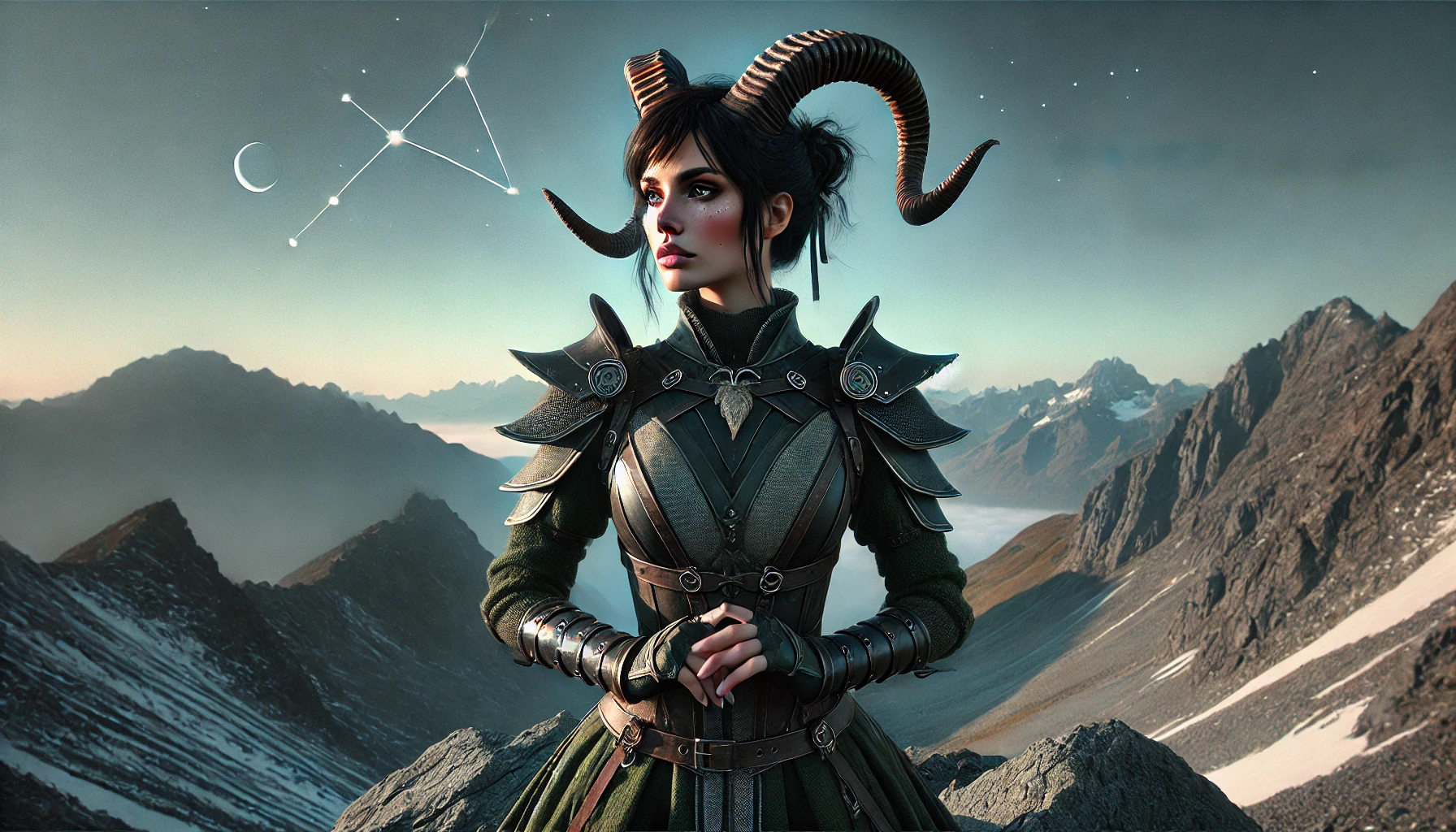 Dall·e 2025 05 17 11.57.20 A Highly Realistic Wide Angle Image Of The Capricorn Zodiac Sign Represented As A Strong And Composed Woman. She Has Sharp Features, Tied Back Dark Ha