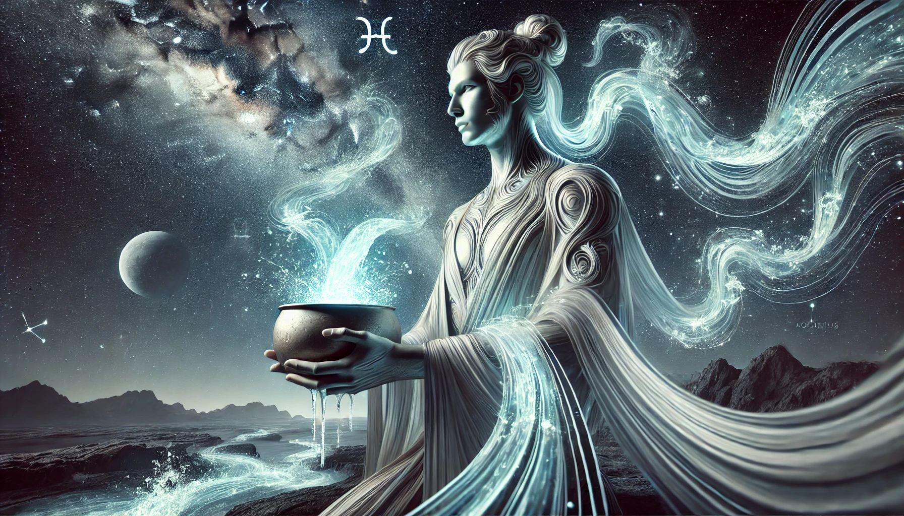 Dall·e 2025 05 17 11.59.11 A Highly Realistic Wide Angle Image Of The Aquarius Zodiac Sign Represented As An Androgynous Human Figure. The Person Has A Serene And Futuristic App