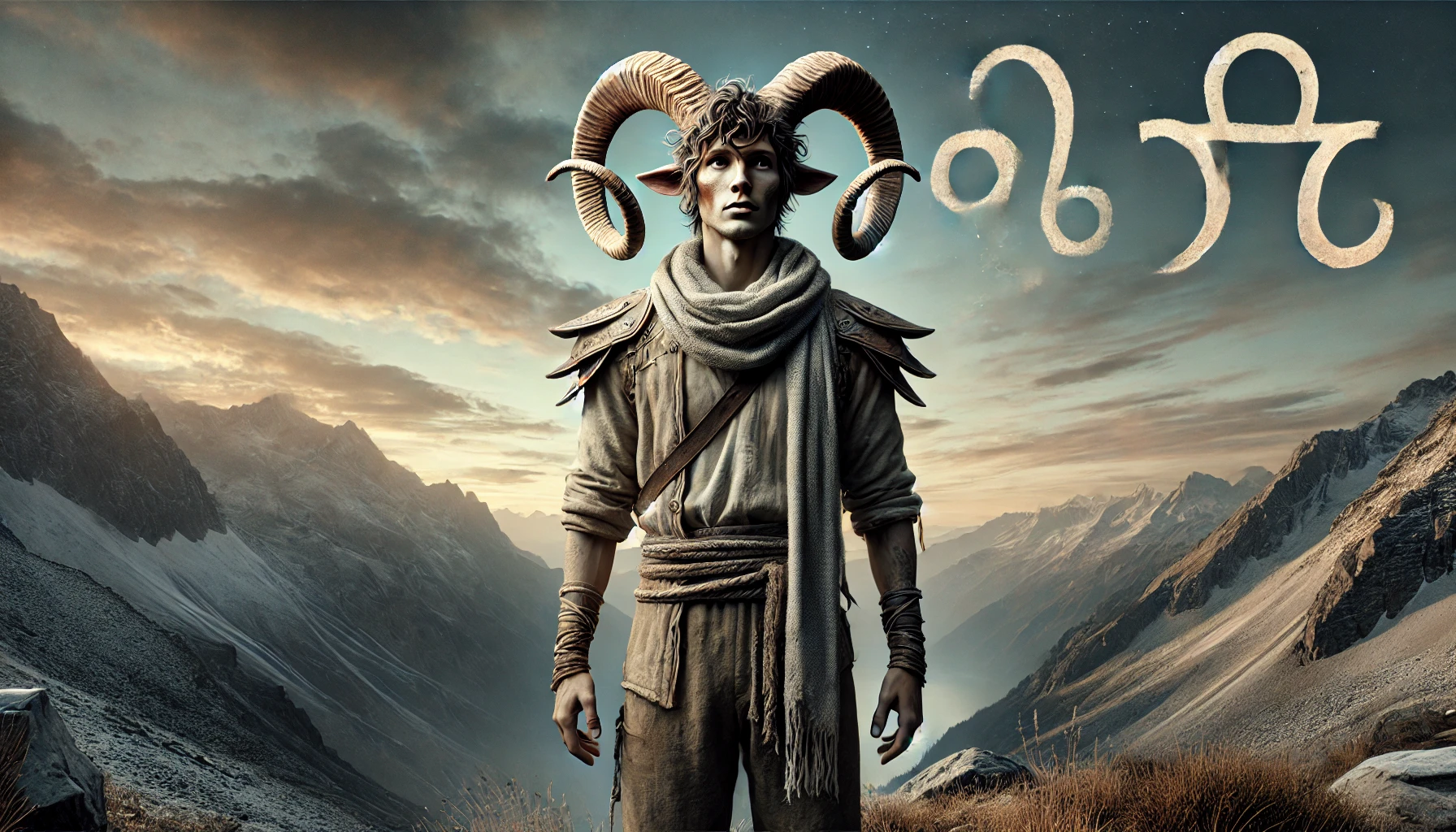 Dall·e 2025 05 19 17.26.40 A Highly Realistic And Mostly Human Looking Interpretation Of The Capricorn Zodiac Sign, Gender Neutral. The Figure Appears Almost Entirely Human, Wit