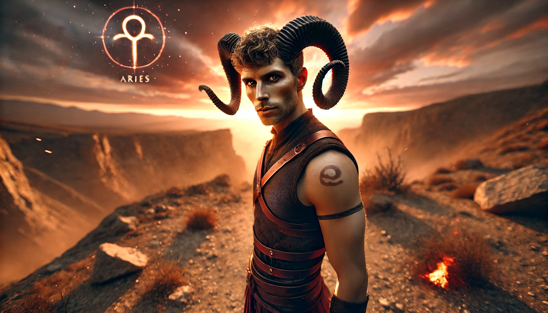 Dall·e 2025 05 20 09.20.22 A Highly Realistic And Mostly Human Looking Interpretation Of The Aries Zodiac Sign, Gender Neutral. The Figure Appears Almost Entirely Human, With Ve