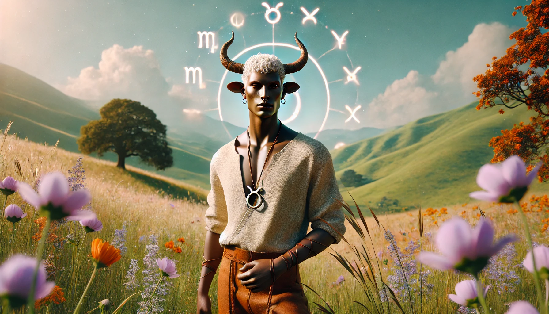 Dall·e 2025 05 20 09.21.38 A Highly Realistic And Fully Human Looking Interpretation Of The Taurus Zodiac Sign, Gender Neutral. The Figure Is Completely Human In Form, With Only